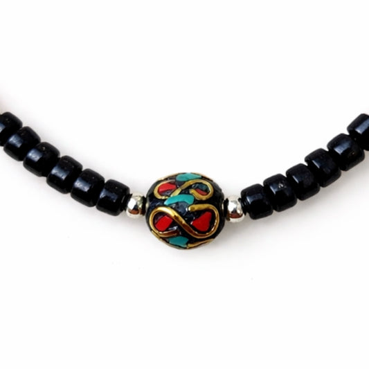 Collar con colgante Om nepalí de ónix y coralita - (50 cm) y pulsera - (17 cm) juego