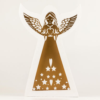 Ángel de madera de mango - acabado lavado blanco con recorte decorativo de hierro - 39 cm