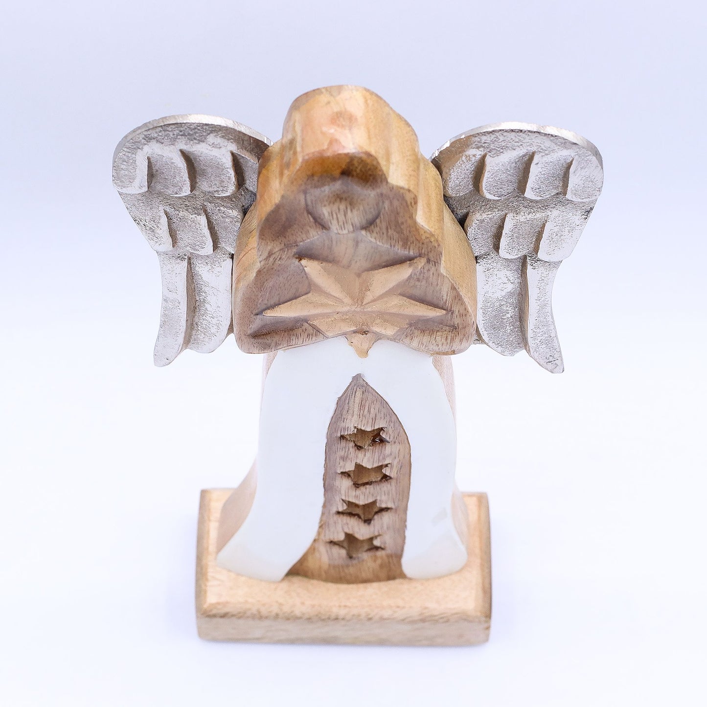 Großer Sternenengel aus Mangoholz mit Metallflügeln und emaillierten Details – 30 cm