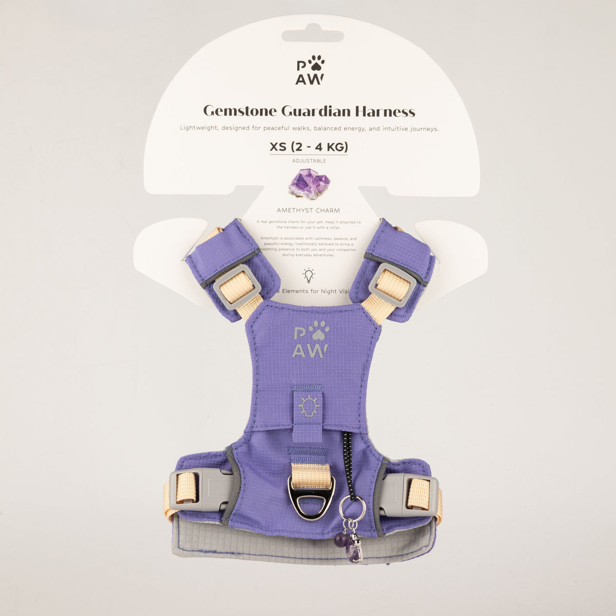 PAW - XS (2-4 kg) Arnés de paso para perros Guardian con malla reflectante - Lavanda - Colgante de amatista
