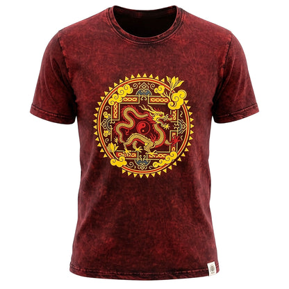 Nomad Sari Camiseta de algodón lavado a piedra - Mandala de Dragón - Granate - XL