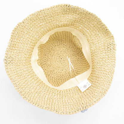 Chapeau de soleil souple en paille Nomad Sari - Fleurs beiges et bleues