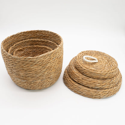 Runde Körbe aus Seegras und Baumwolle mit Deckeln – Natur – 3er Set