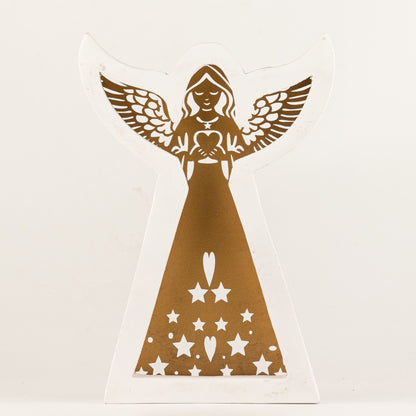Ángel de madera de mango - acabado lavado blanco con recorte decorativo de hierro - 22 cm