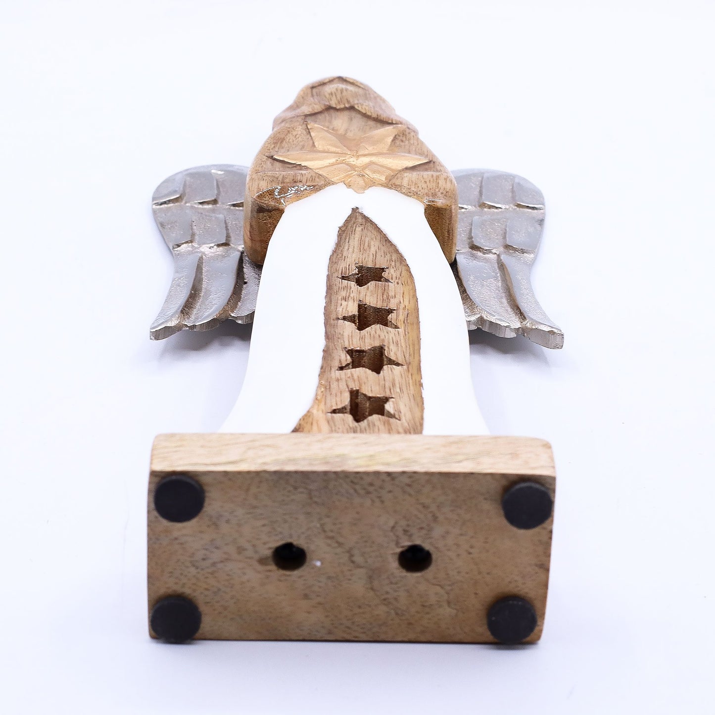 Großer Sternenengel aus Mangoholz mit Metallflügeln und emaillierten Details – 30 cm