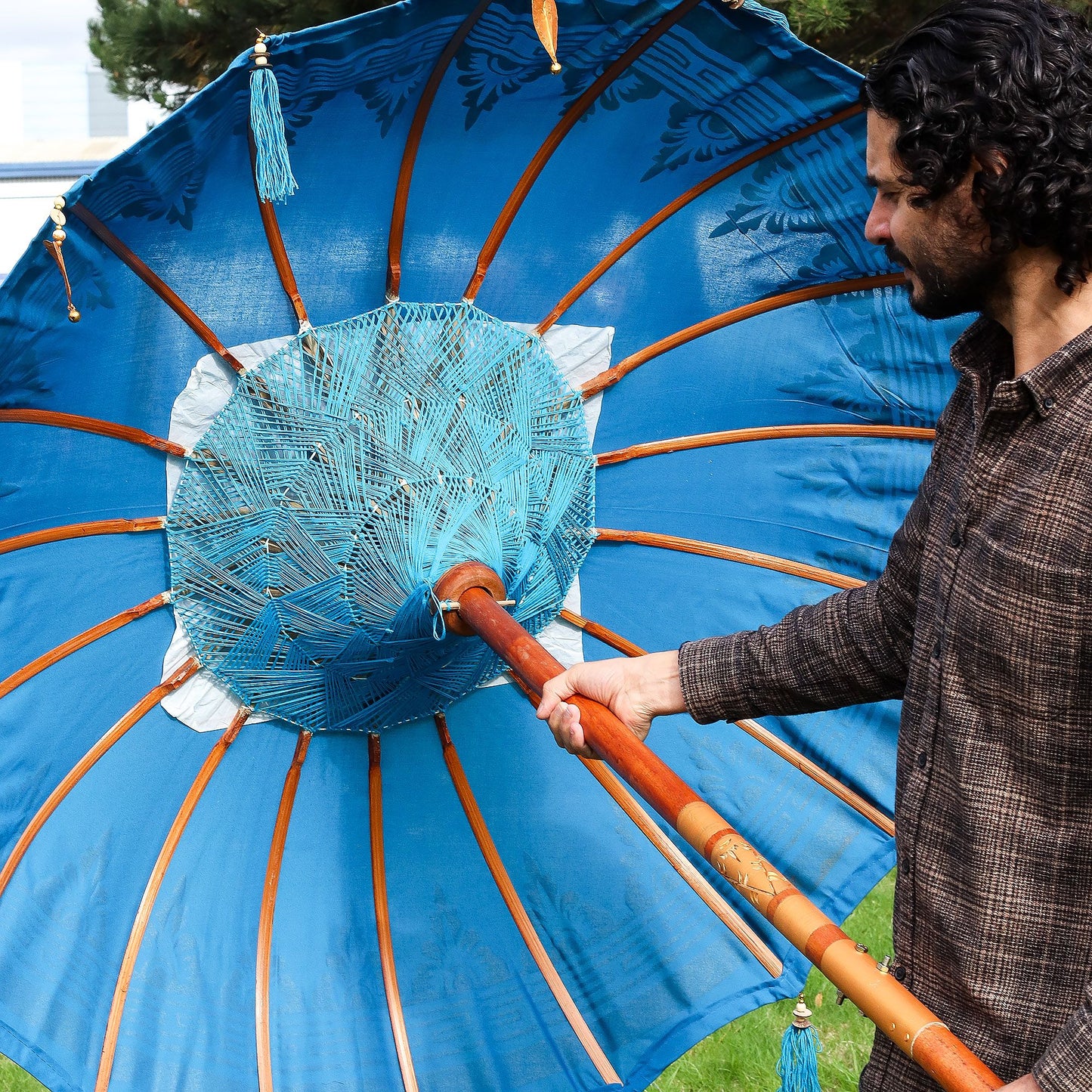 Bali Terrassenschirm – Baumwolle – Türkisfarbenes Dekor – 1,5 m