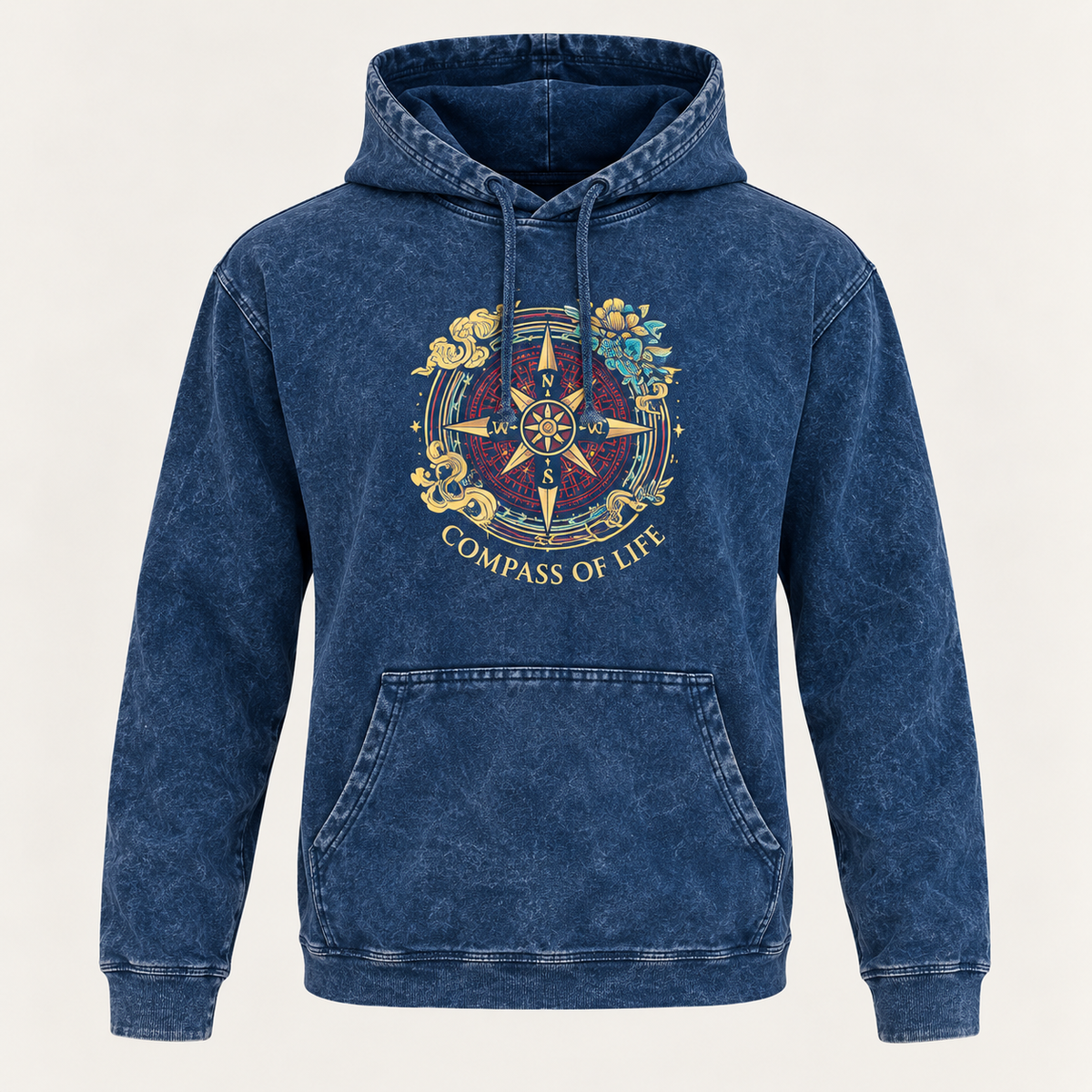 Camisa con capucha mediana lavada a la piedra con bolsillo canguro - Brújula de la vida azul