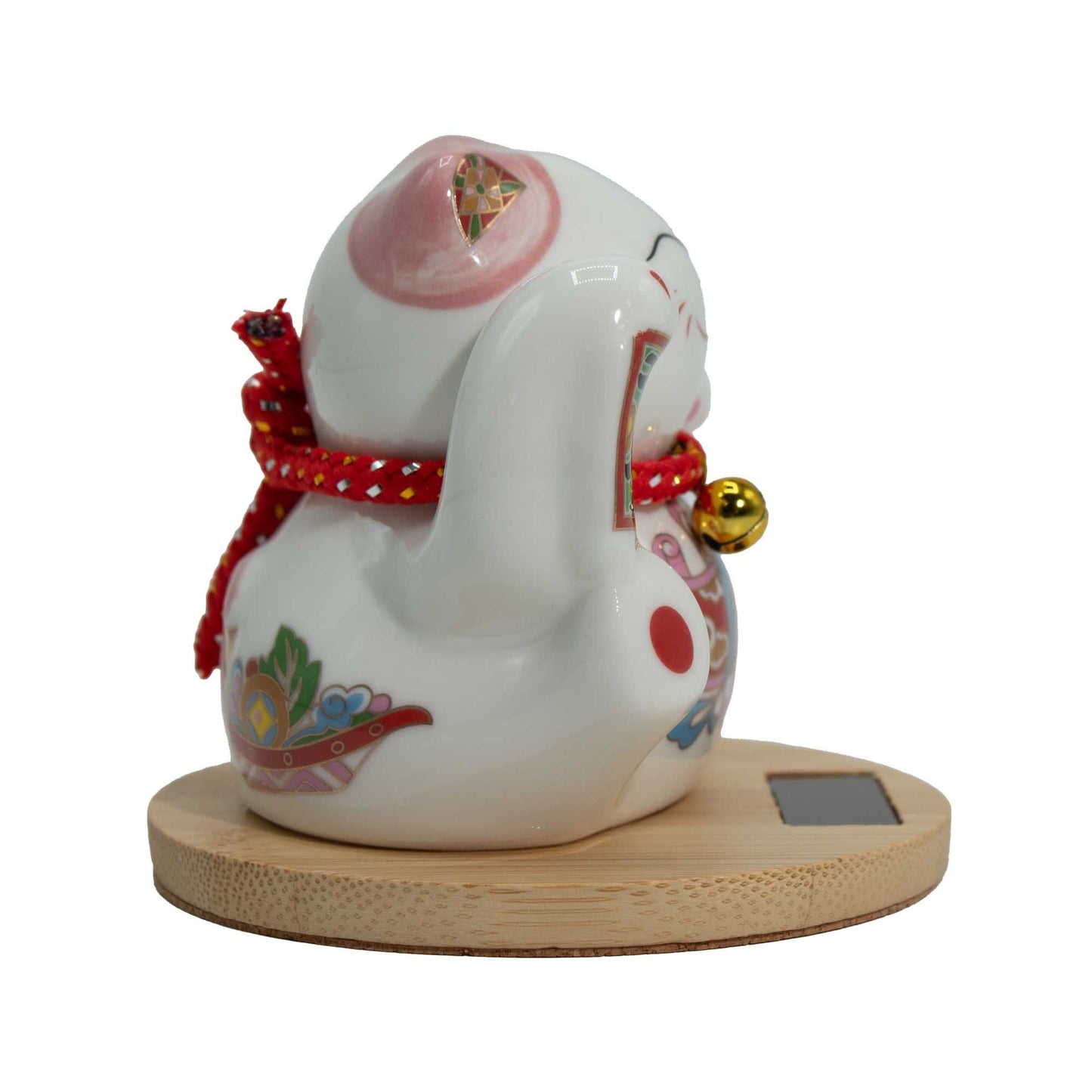 Gato de la Fortuna solar con base de madera - Mano móvil rosa