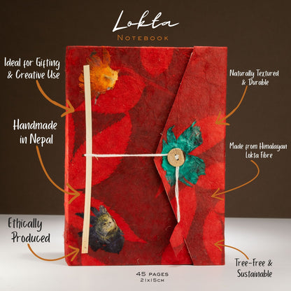 Cahier Lokta à fleurs – Grand (21x15cm) – 45 feuilles – Comprend un marque-page – rubis