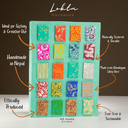 Carnet Lokta Mini Carreaux – Grand (21x15 cm) – 45 Feuilles – Comprend un Marque-page – Turquoise