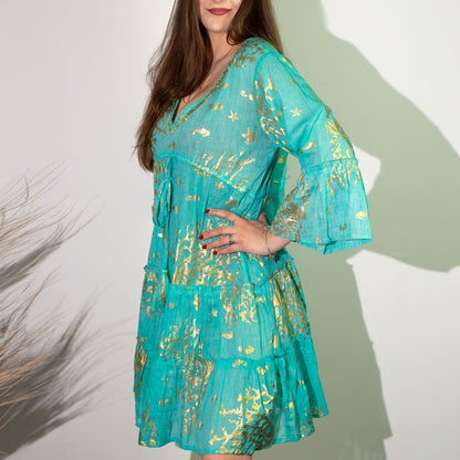 (LXL) Colección Nomad Sari - Vestido - Diseño en turquesa y coral dorado