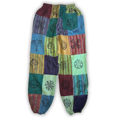 Nomaden-Sari – Pilzhose – Blockdruck-Designs – Grüntöne (110 x 120 cm) L/XL