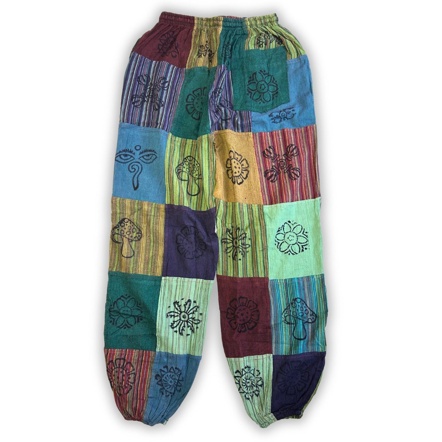 Nomaden-Sari – Pilzhose – Blockdruck-Designs – Grüntöne (110 x 120 cm) L/XL