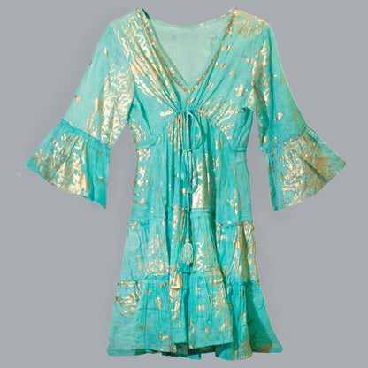 (LXL) Colección Nomad Sari - Vestido - Diseño en turquesa y coral dorado