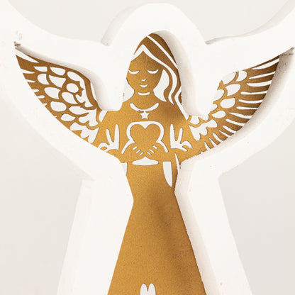 Ángel de madera de mango - acabado lavado blanco con recorte decorativo de hierro - 22 cm