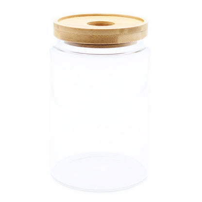 Bote de Cristal con Tapa de Bambú - 15cm