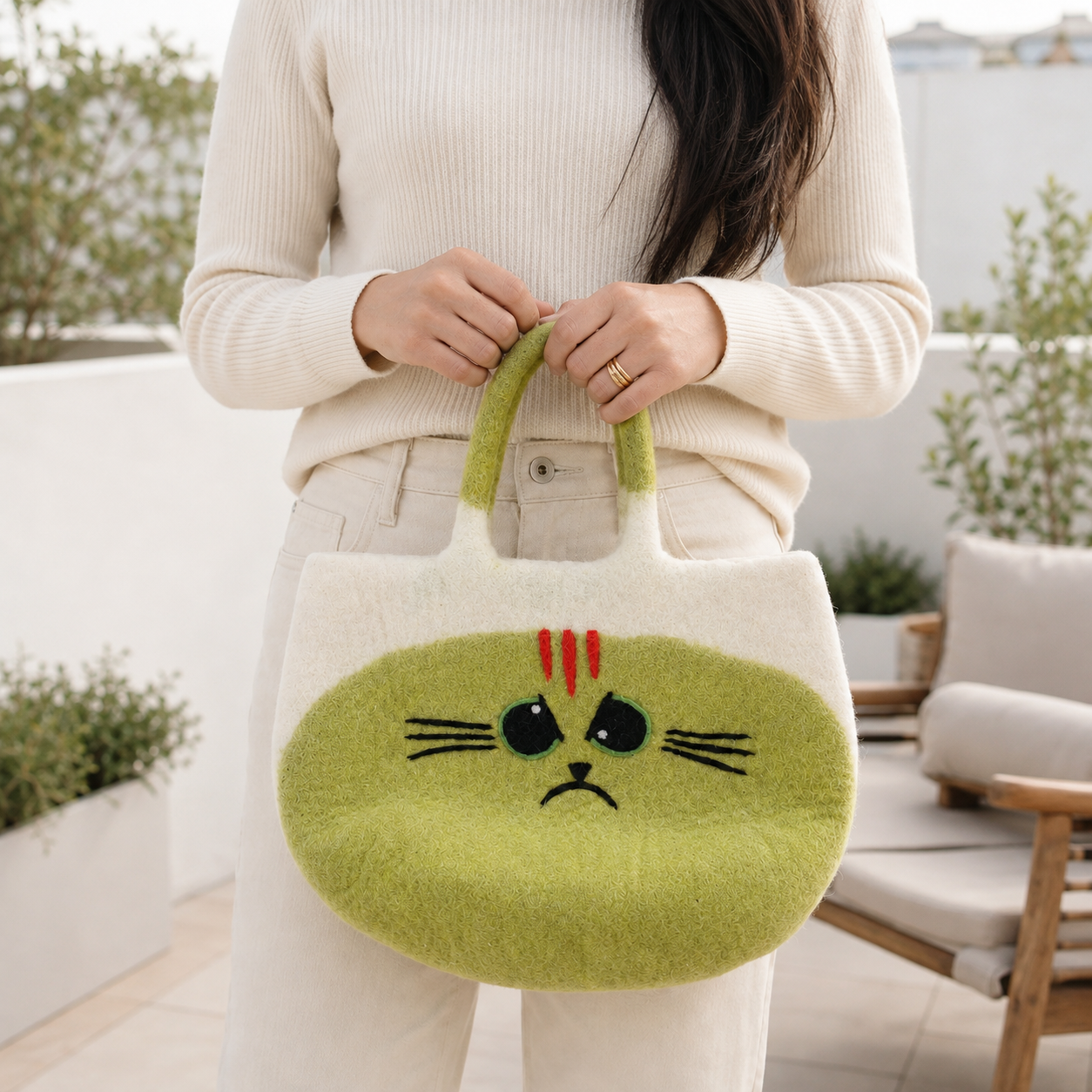 Bolso de fieltro grande de gato gruñón