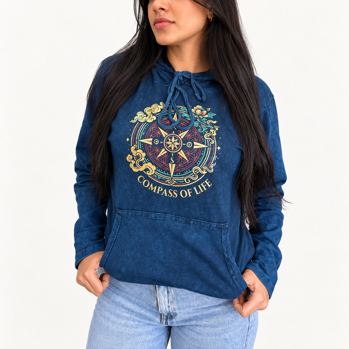 Camisa con capucha mediana lavada a la piedra con bolsillo canguro - Brújula de la vida azul