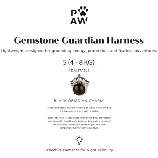 PAW - S (4-8 kg) Arnés de paso para perros Guardian con malla reflectante - Gris roca - Colgante de obsidiana negra