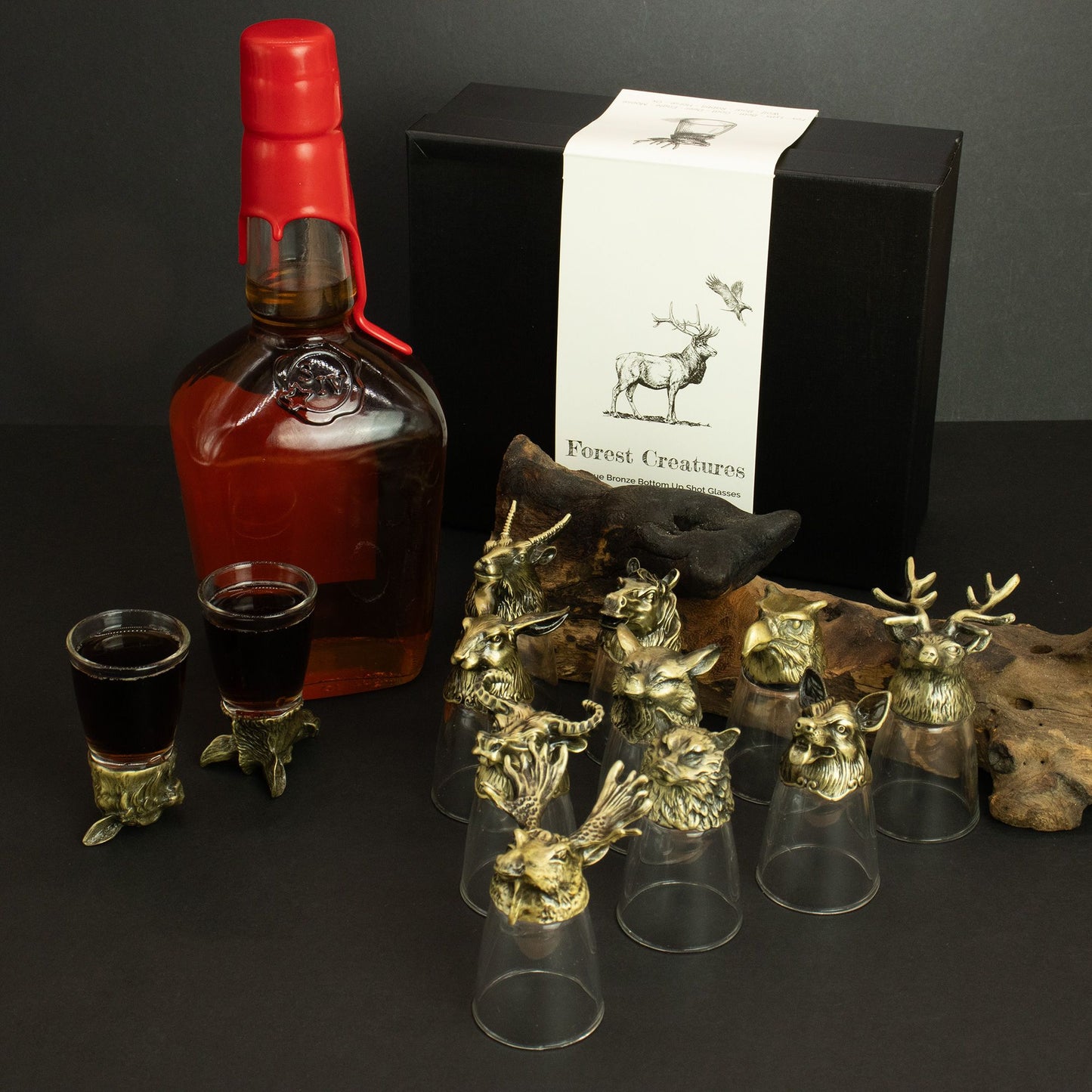 Coffret cadeau de 12 verres à liqueur Bottom Up (25 ml) - Forêt et créatures mystiques - Bronze antique