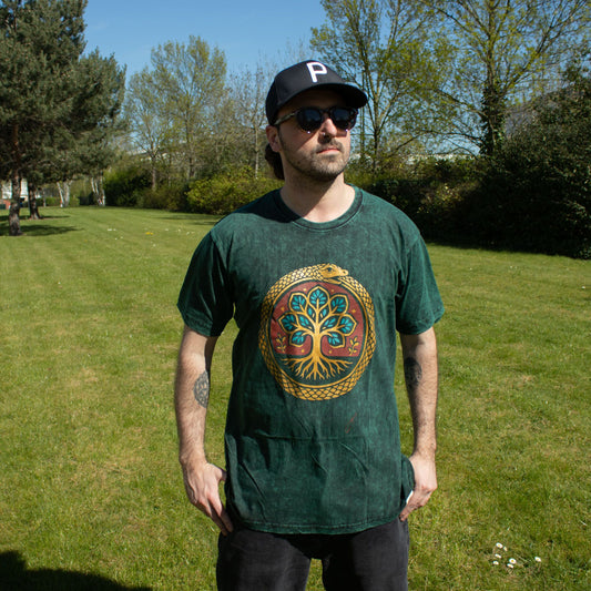 Nomad Sari Baumwoll-T-Shirt, steingewaschen – Lebensbaum – Grün – Groß