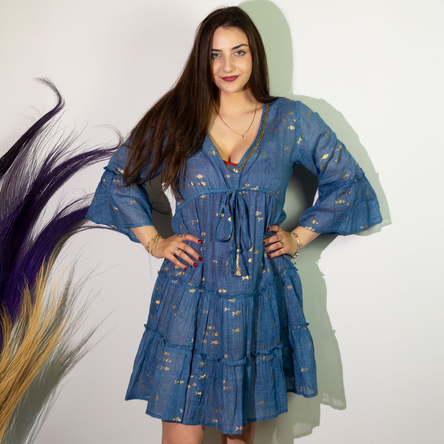 (LXL) Collection Nomad Sari - Robe - Motif poisson bleu marine et doré