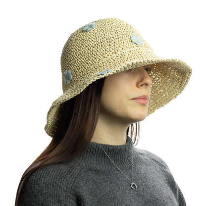 Chapeau de soleil souple en paille Nomad Sari - Fleurs beiges et bleues