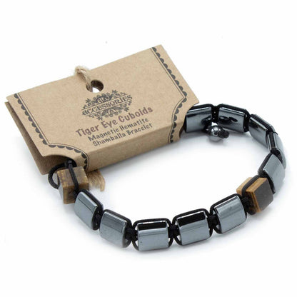 Bracelet magnétique Shamballa en hématite - Œil de tigre cuboïde