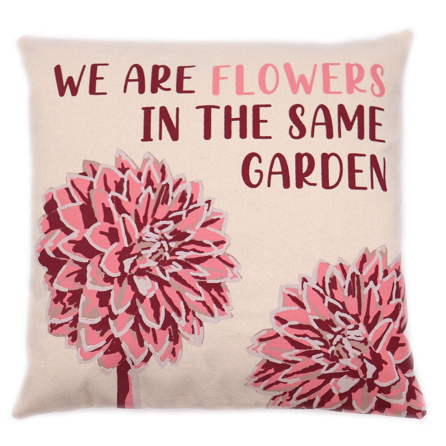 Bedruckter Kissenbezug aus Baumwolle – We Are Flowers – Olivgrün, Rosa und Natur