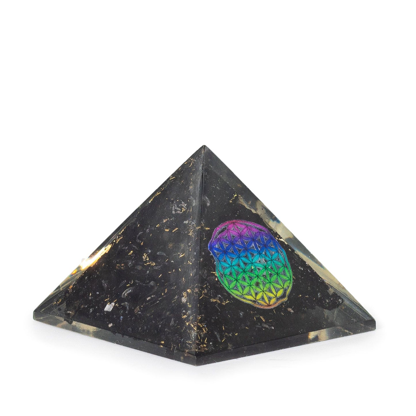 Kleine Orgonitpyramiden 5,5 x 4,5 cm – Blume des Lebens – Stücke aus schwarzem Turmalin