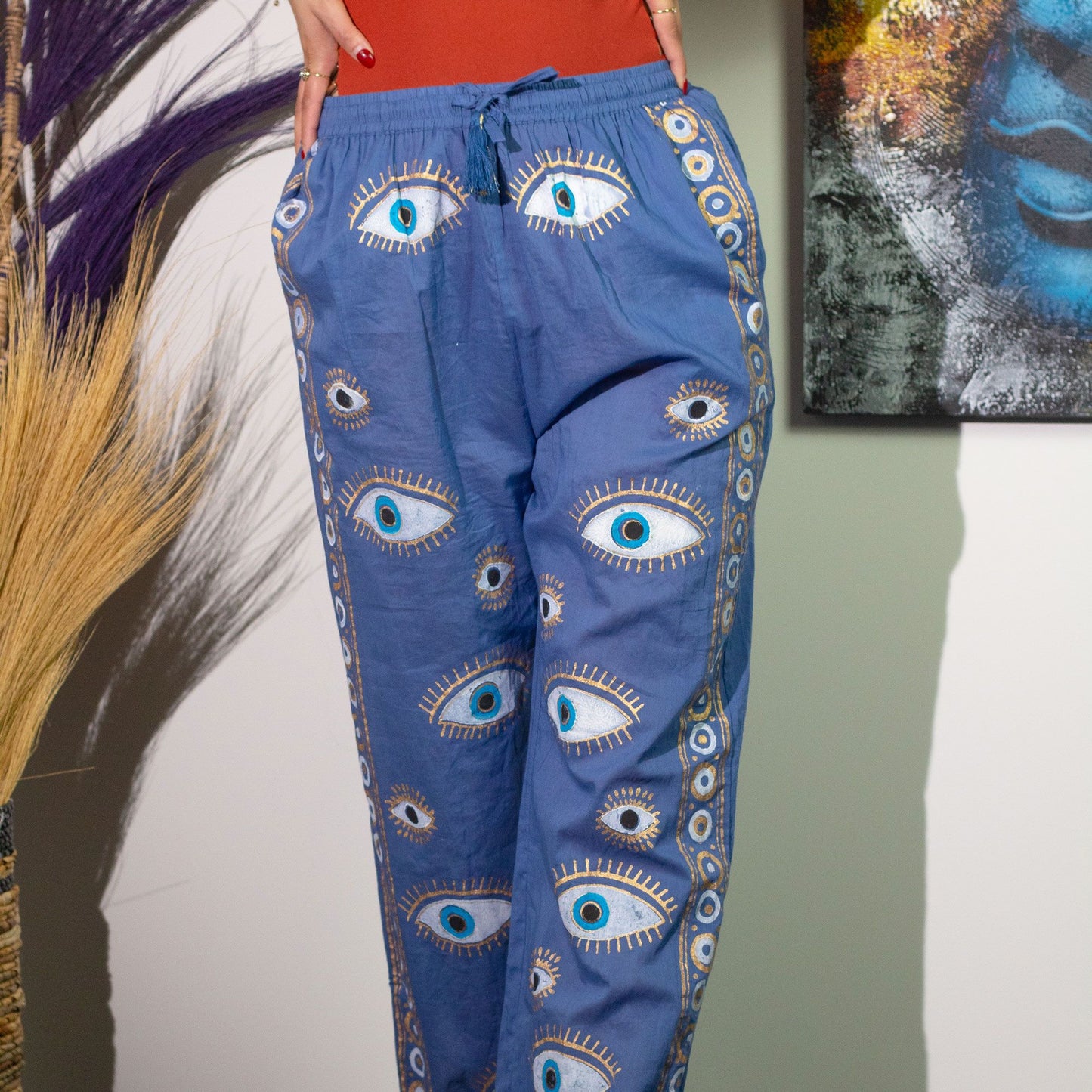 (ML) Colección Nómada Sari Mediterráneo - Pantalones - Diseño del Ojo Maligno en Azul Rico y Oro