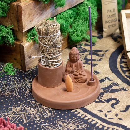 Porte-encens Bouddha multifonctionnel - Style terre cuite naturelle
