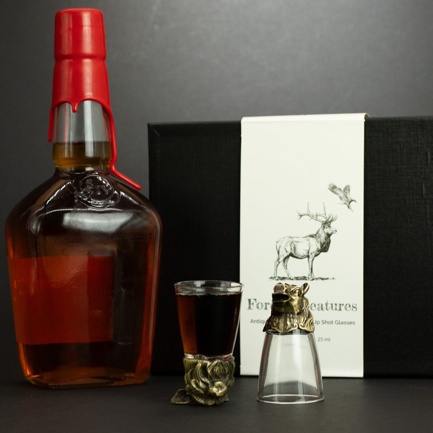 Coffret cadeau de 12 verres à liqueur Bottom Up (25 ml) - Forêt et créatures mystiques - Bronze antique