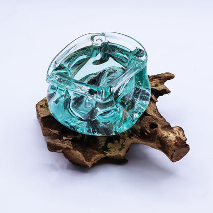 Cendrier en verre fusionné épais / Bougeoir en bois 23 cm