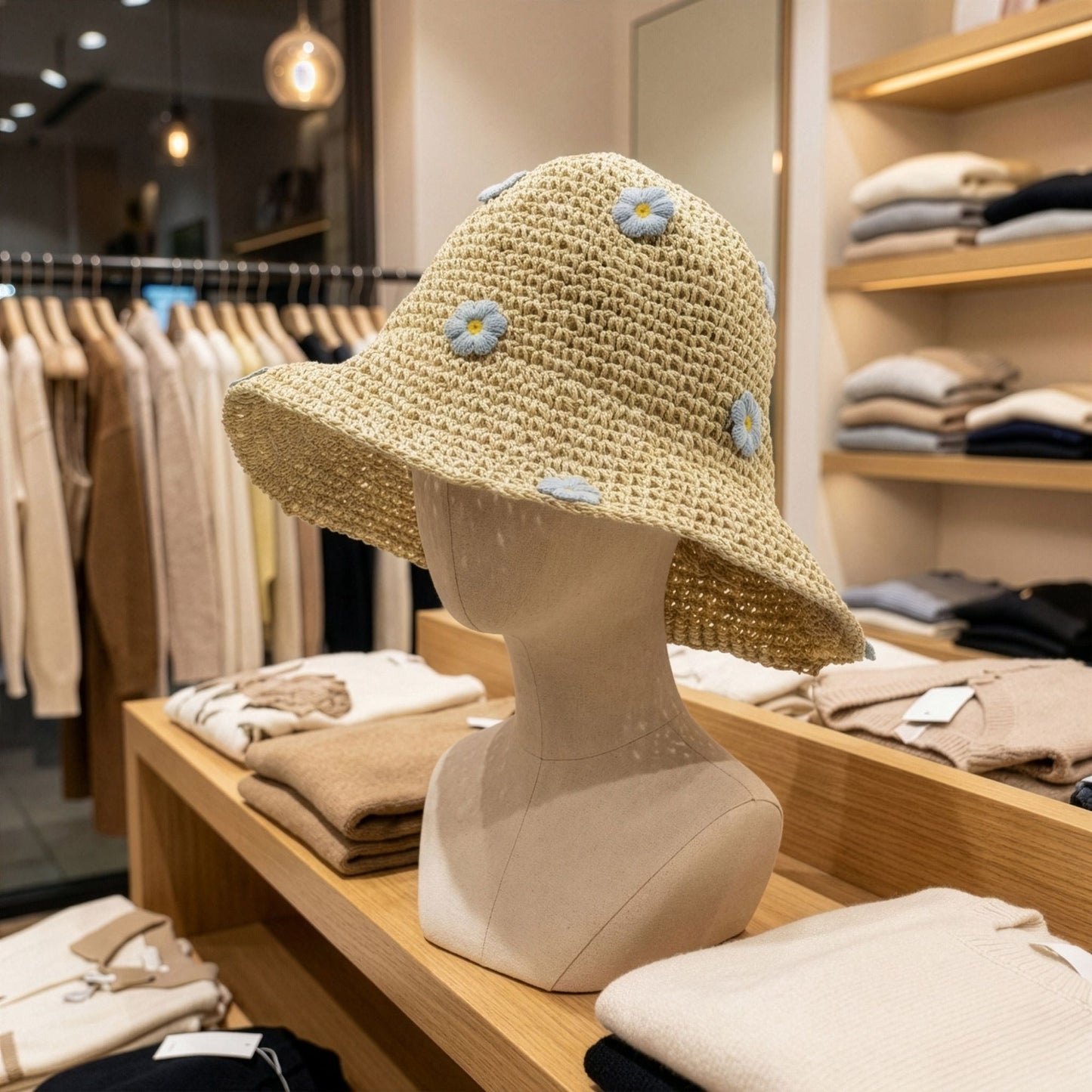 Chapeau de soleil souple en paille Nomad Sari - Fleurs beiges et bleues