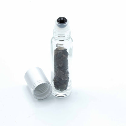 Botella de rodillo de aceite esencial de piedras preciosas - Turmalina negra - Tapa plateada