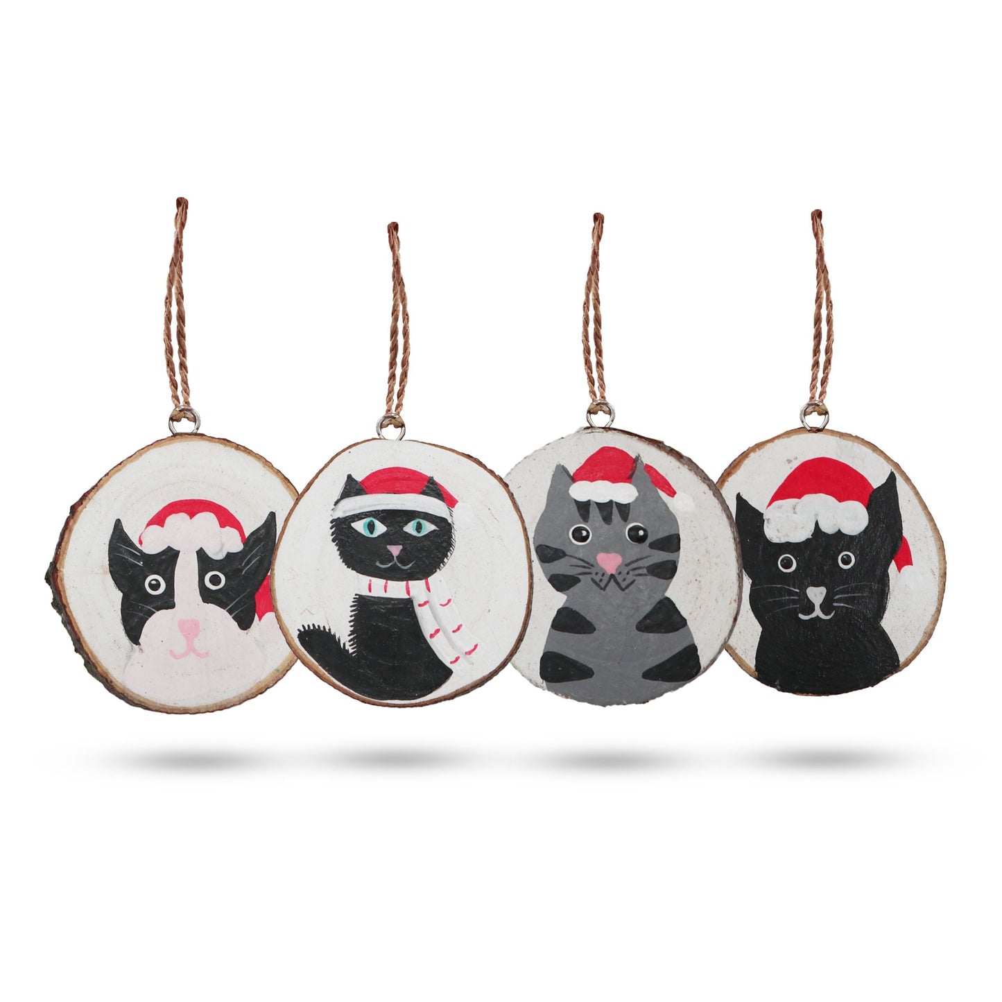 Gatos navideños - Decoración navideña de troncos pintada a mano (set 4)