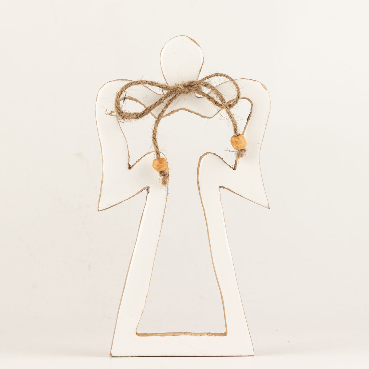 Ángel de madera de mango mediano con halo - esmalte blanco