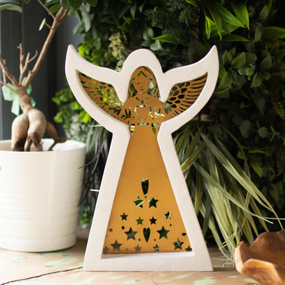 Ángel de madera de mango - acabado lavado blanco con recorte decorativo de hierro - 22 cm