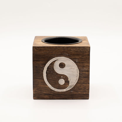 Brûleur à huile carré en bois de manguier - Yin Yang