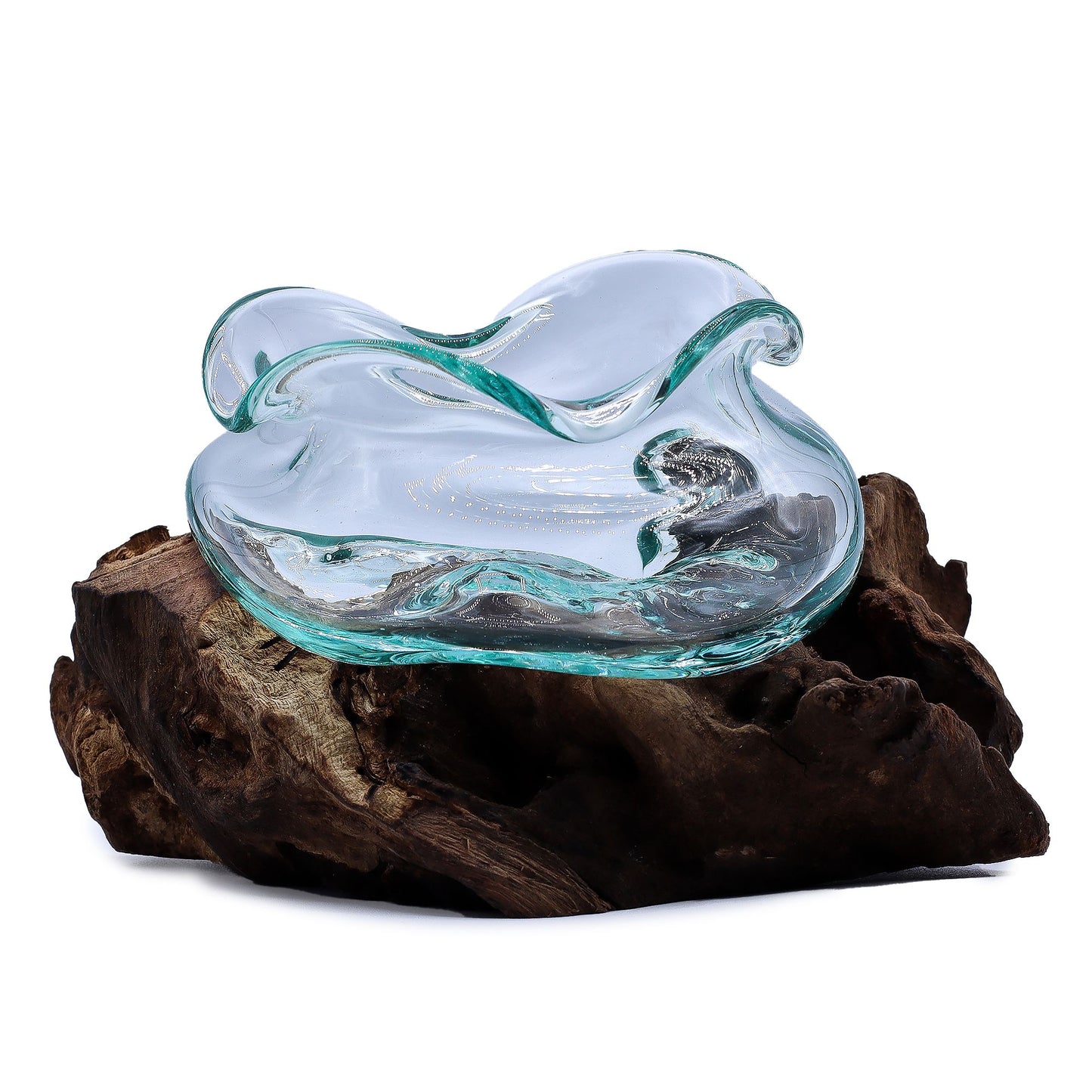 Bol ondulé en verre fusionné sur bois 18 cm