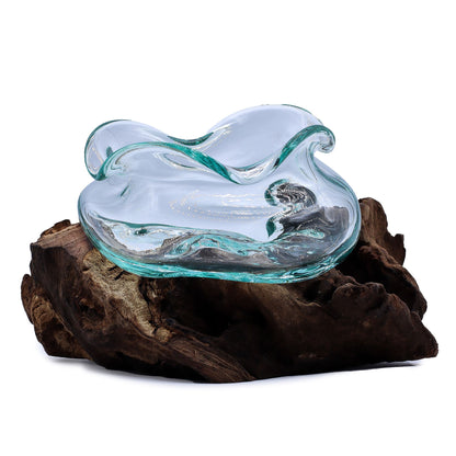 Bol ondulé en verre fusionné sur bois 18 cm