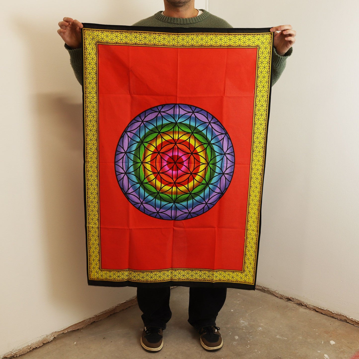 Arte mural de algodón (70x110cm) - Flor de la Vida en arcoíris