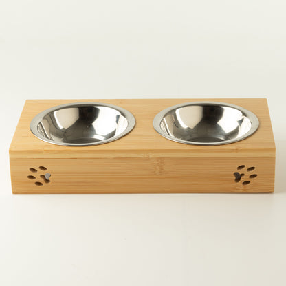 PAW Cuencos para comida - Doble acero inoxidable en soporte de madera - 2x12cm