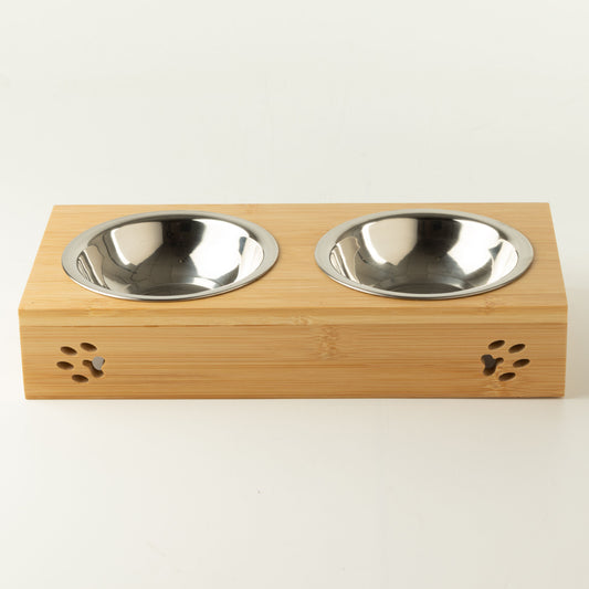 PAW Cuencos para comida - Doble acero inoxidable en soporte de madera - 2x12cm