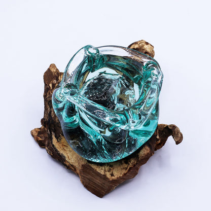 Cendrier en verre fusionné épais / Bougeoir en bois 23 cm