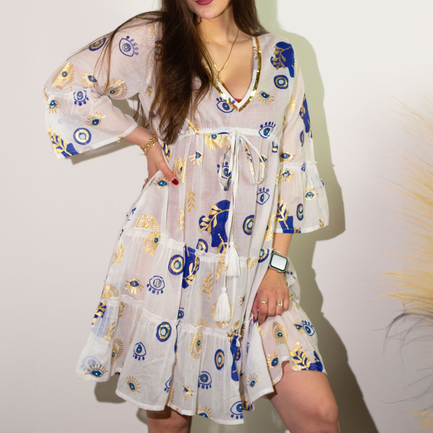 Vestido Sari Nomad Mal de Ojo Blanco Azul Dorado (talla LXL)