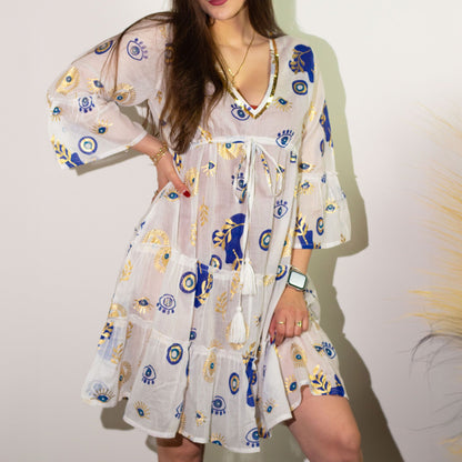 (LXL) Collection Nomad Sari - Robe - Motif Mauvais Œil Blanc, Bleu et Or