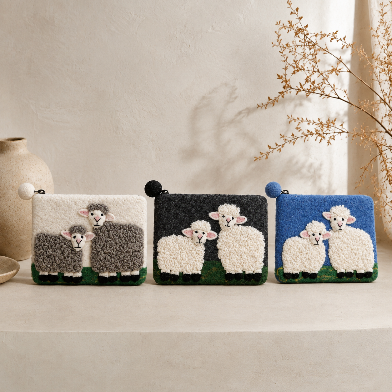 Bolsa de fieltro de oveja, estilo campo, con cremallera (3 surtidos)