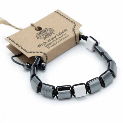 Hämatit Shamballa Magnetarmband - Quaderförmiger weißer Jaspis